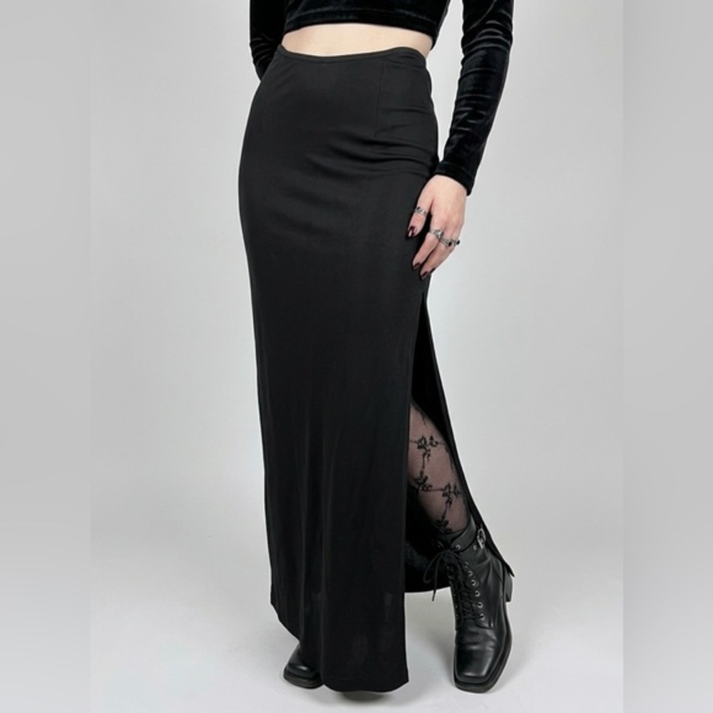 ANDREA POLIZZI FOR REX LESTER Vintage 90s Black Rounded Waist Slit Maxi Skirt